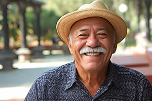 Senior man with hat outside and smiling